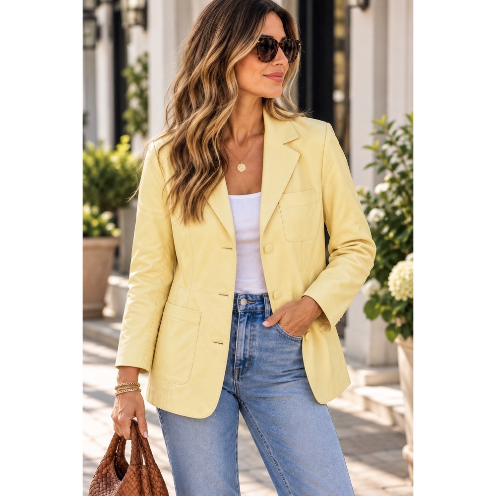 Lafayette 148 New York Lambskin Leather Blazer Jacket Yellow Size 10 Silk Lined
